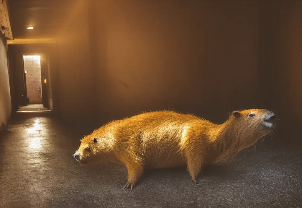 Image similar to photo of a capybara in the backrooms, yellow light