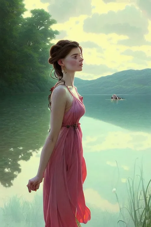 Prompt: portrait of a beautiful woman wearing a sundress at a lake, looking at camera, d & d, nice outfit, long hair, intricate, elegant, stylish, realistic, extremely detailed, digital painting, artstation, concept art, smooth, sharp focus, illustration, ambient lighting, art by artgerm and greg rutkowski and alphonse mucha and simon stalenhag