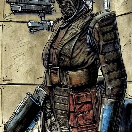 Image similar to sci - fi, dystopian bounty hunter, art by enki bilal