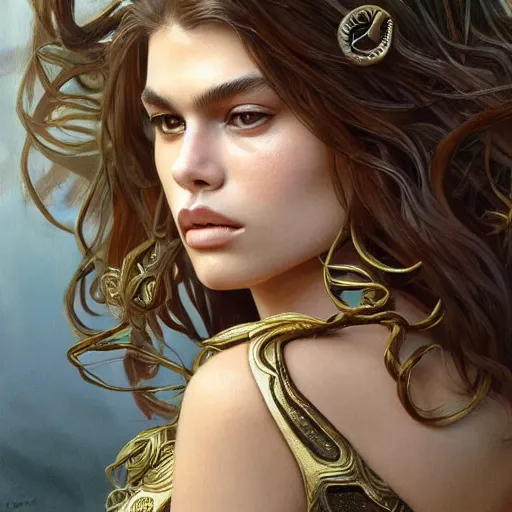 Image similar to Kaia Gerber as Medusa, frowning, scowl, snakes for hair, intricate, elegant, highly detailed, digital painting, artstation, concept art, smooth, sharp focus, illustration, art by artgerm and greg rutkowski and alphonse mucha