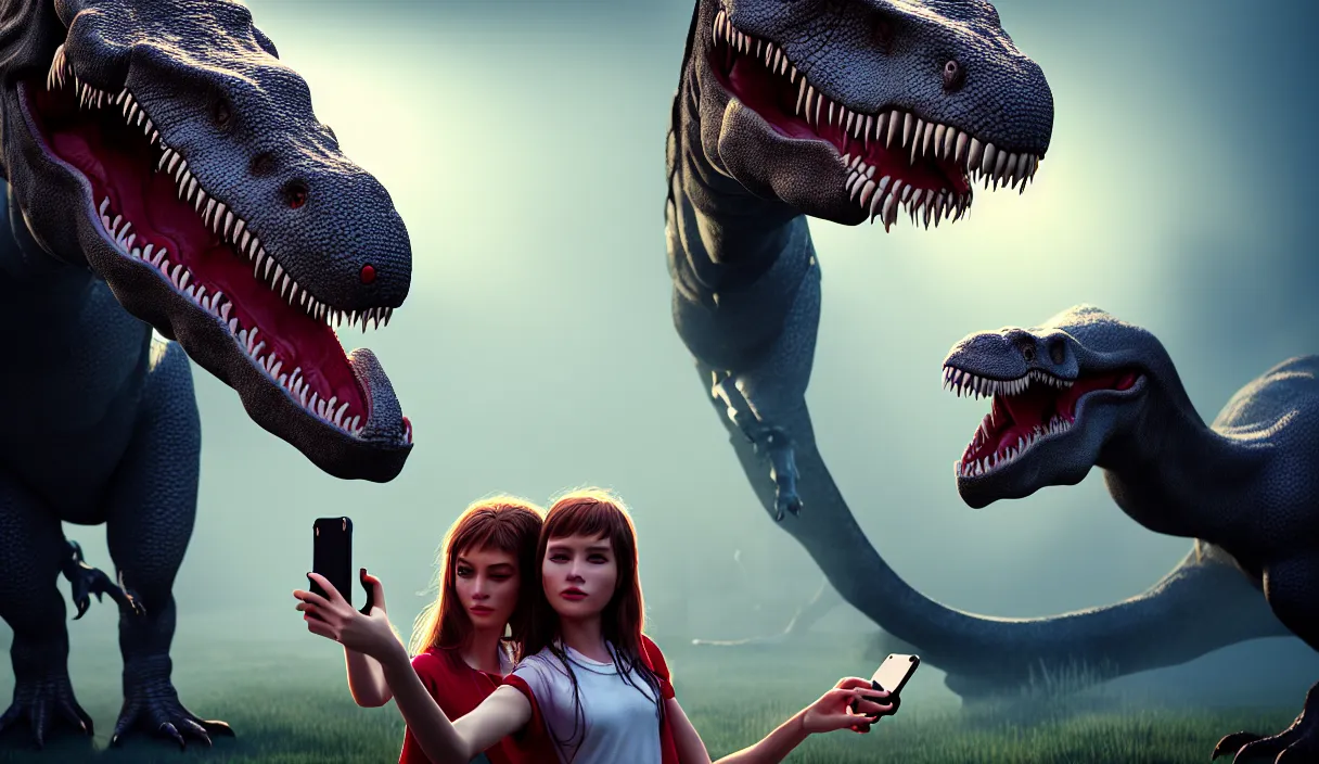 Image similar to portrait of a girl making selfie with her beloved tyrannosaurus, high detail, raytracing, back light, digital art, raymarching, by zdenek burian