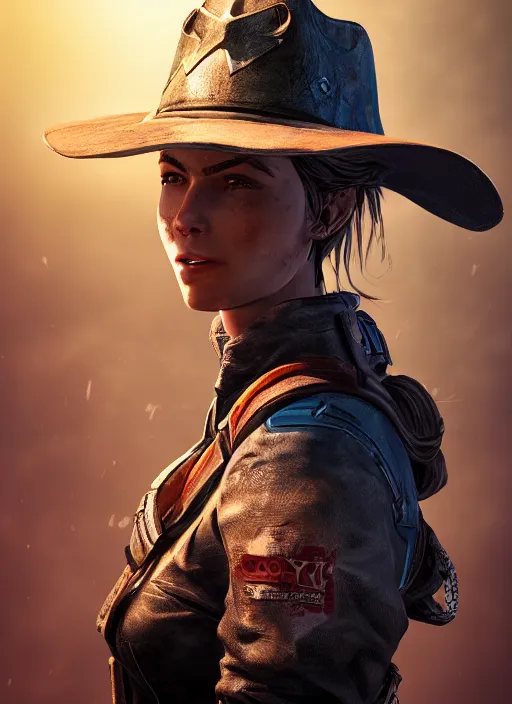Image similar to A comic book style portrait painting of a cool female ranger wearing a cowboy hat in a post apocalyptic setting, unreal 5, DAZ, hyperrealistic, octane render, RPG portrait, dynamic lighting