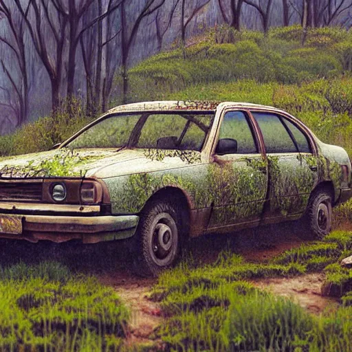 Prompt: hyper realistic painting of an australian landscape, an abandoned holden commodore covered with moss. by Simon Stålenhag