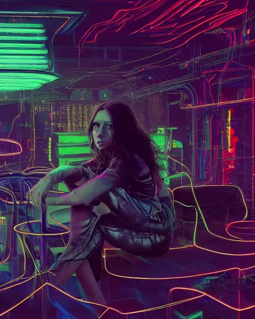 Prompt: [ elizabeth olsen ]! [ 3 d render, made of wires and metallic material ]!! sitting in a [ cyberpunk club ]!!, [ 4 k digital art ]!!, neon atmosphere, volumetric lighting, bioluminescent coloring, afrofuturism, illustrated by greg rutkowski and rajmund kanelba, cgsociety contest winner, intricate