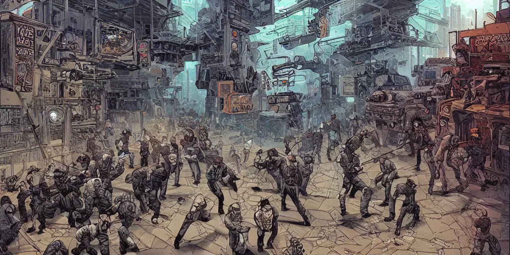 Image similar to Keystone cops vs neo. Epic painting by James Gurney and Laurie Greasley.