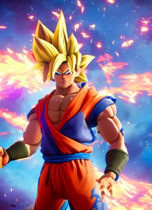 Image similar to game still of a sayan goku as a fortnite skin in fortnite by fortnite, pose.