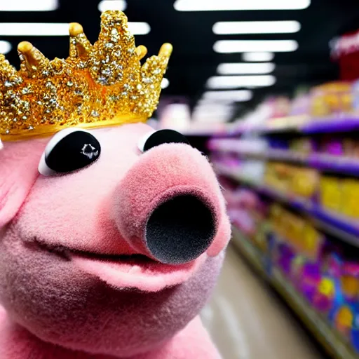 Image similar to muppet pig wearing a gold crown shopping at a grocery store 8k