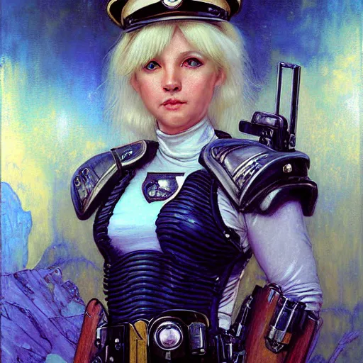 Image similar to portrait of a female white fox in a police uniform. shadowrun furaffiniy cyberpunk fantasy highly detailed painting by gaston bussiere craig mullins jc leyendecker gustav klimt artgerm greg rutkowski john berkey, bergey, craig mullins, ruan jia, raymond swanland, jeremy mann, tom lovell, alex malveda