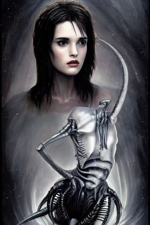 Prompt: beautiful young winona ryder from alien with xenomorph by h.r. giger, detailed, proportional, trending on art station, 4k