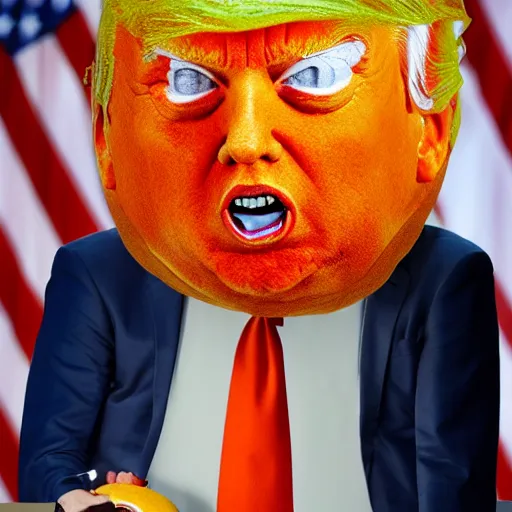 Prompt: donald trump with an head made out of oranges