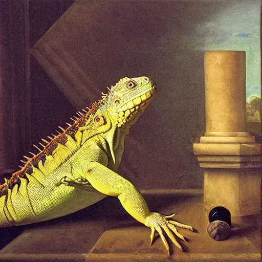 Prompt: iguana drinking tequila, baroque painting