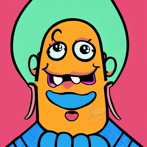 Image similar to cartoon style, strong chin, big smile, big lips, handsome squidward portrait, vivid colors