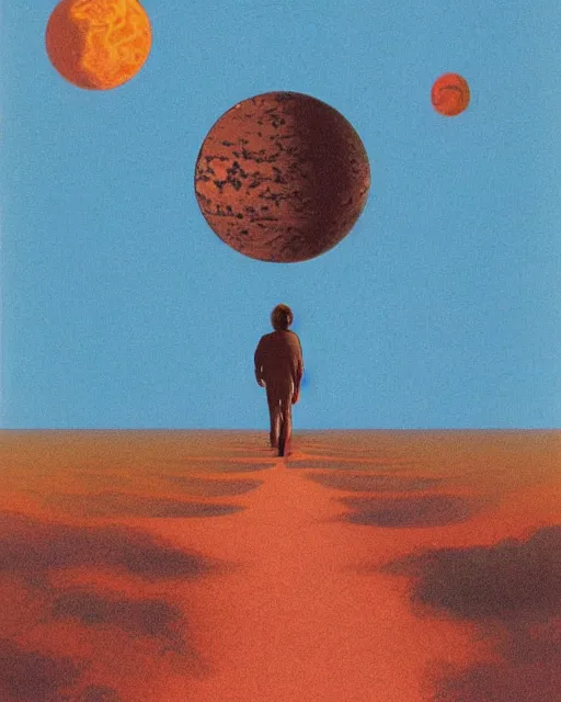 Image similar to roger dean 1 9 8 0 s art of a lone man walking in the dry desert of a strange bizarre alien planet surface lakes reflective clear blue water, rainbow in sky, imagery, illustration art, album art