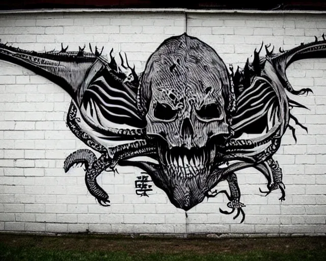 Image similar to a wall that has some lovecraftian graffiti on it inspired by wretched dragon rib cage.