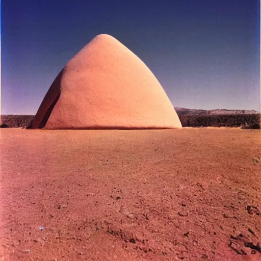 Image similar to a Non-Euclidean orb-like clay building sitting in the desert, vintage photo, beautiful cinematography, blue sky, film grain, extreme wide shot, far away, symmetrical, in the distance, James Turrell