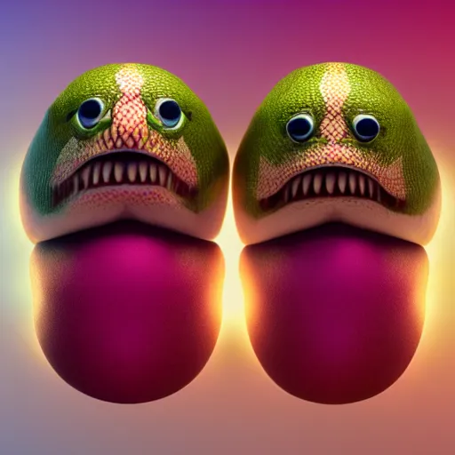 Image similar to an egg with a magenta eye and two heads. one head is a snake and the other head is a chicken and there are big furry muscular legs, 4k, trending on artstation