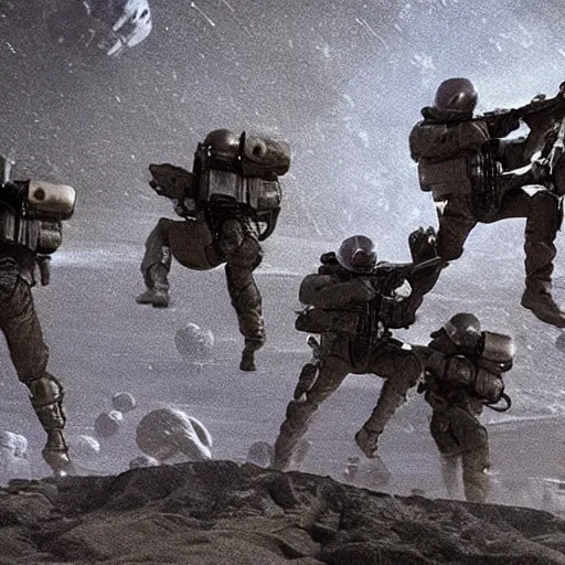 Image similar to wide angle action shot of enhanced super soldiers with jet packs flying over craters and trenches, highly detailed, highly textured, atmospheric, night, explosions futuristic, from the movie Dune (2021)