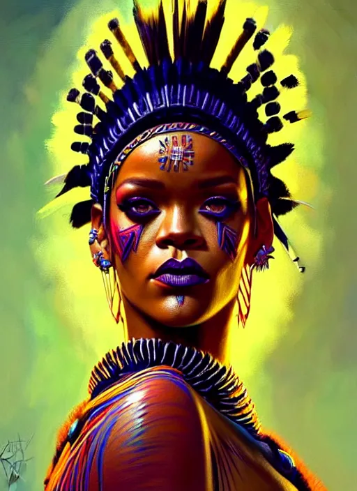 Image similar to portrait of rihanna, hyper detailed ultra sharp aztec shaman warrior. trending on artstation, warpaint aesthetic, bloodwave, colorful, psychedelic, ornate, intricate, digital painting, concept art, smooth, sharp focus, illustration, art by artgerm and greg rutkowski and h. r. giger, 8 k