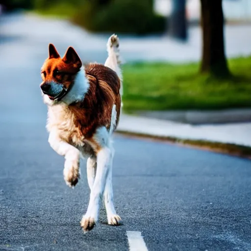 Prompt: high quality photo of a bipedal dog walking down the street, artistic