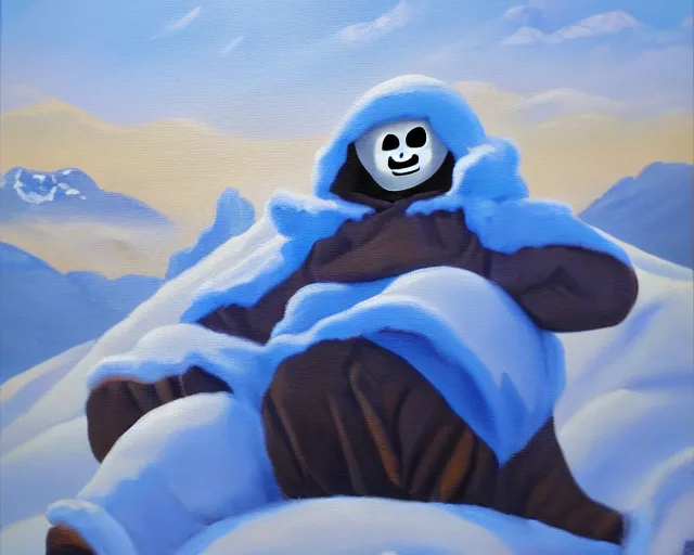 Image similar to oil painting of sans sitting in a mountain during winter