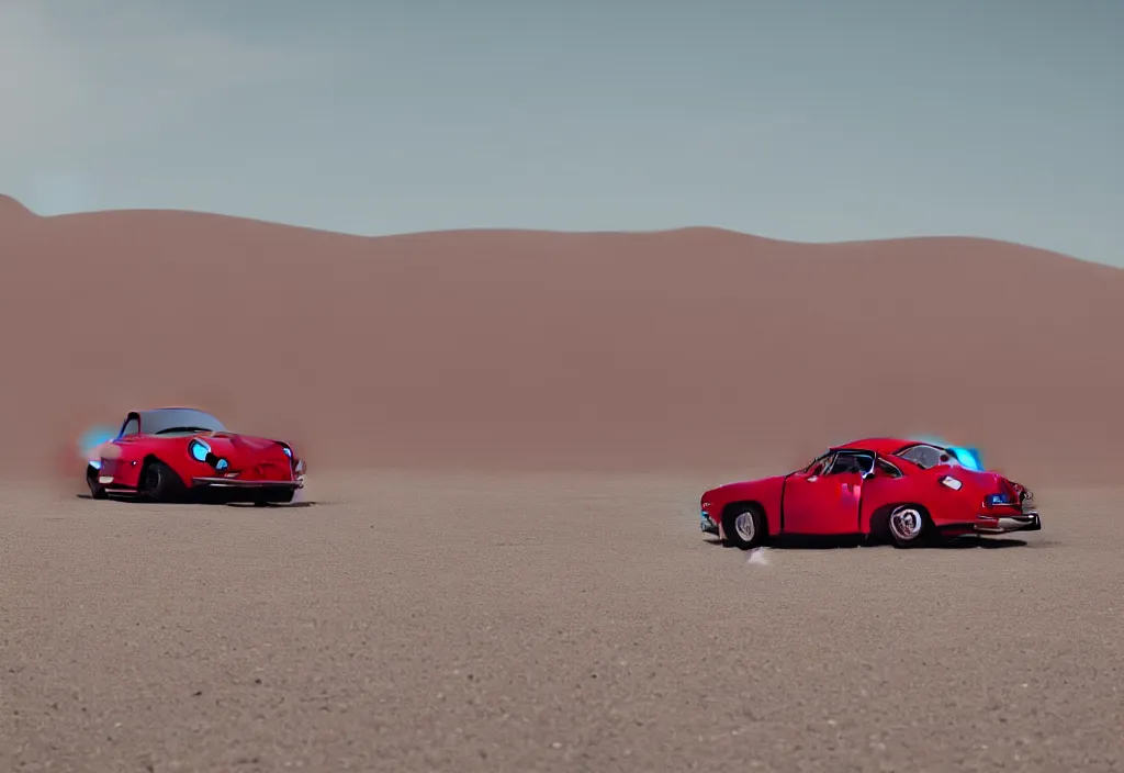 Image similar to “a red porsche 356 is parked in the middle of the desert, a matte painting by Scarlett Hooft Graafland, featured on unsplash, australian tonalism, anamorphic lens flare, cinematic lighting, rendered in unreal engine”