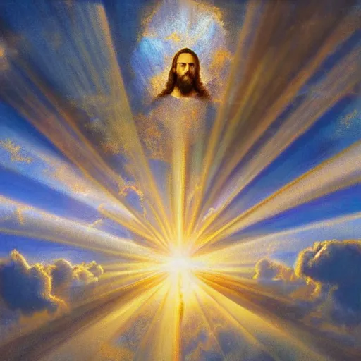 Image similar to Christ as the center of the universe, heavenly clouds, golden light rays, beautiful realistic painting, 4k