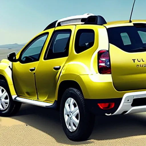 Prompt: Renault duster with tank turret instead of roof, hot desert