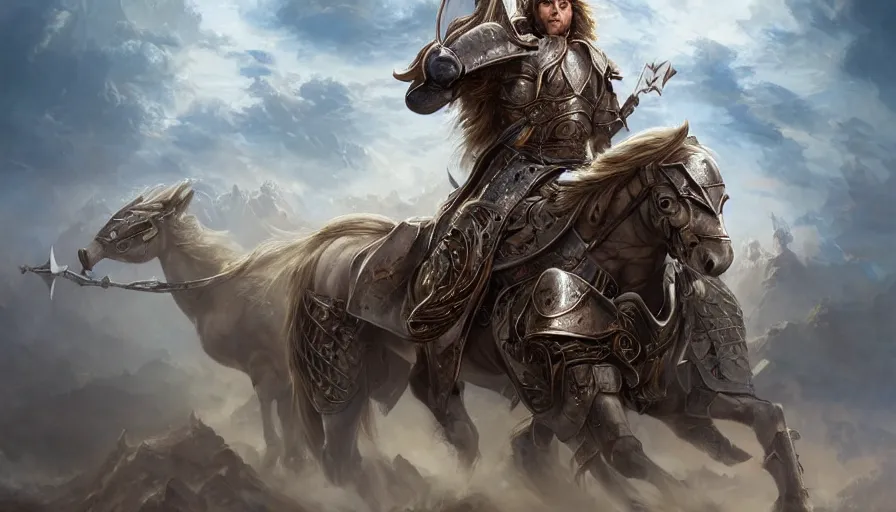 Image similar to portrait, handsome long - haired male fantasy paladin in shining armor on an armored horse, blond, rpg game, stern expression, main character, detailed, digital painting, artstation, sharp focus, illustration, artgerm, tomasz alen kopera, peter mohrbacher, donato giancola, joseph christian leyendecker, wlop, frank frazetta