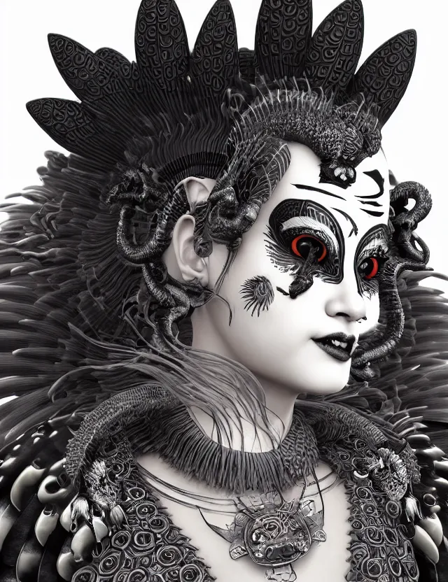 Image similar to 3 d goddess close - up profile portrait punk with mohawk with ram skull. beautiful intricately detailed japanese crow kitsune mask and clasical japanese kimono. betta fish, jellyfish phoenix, bio luminescent, plasma, ice, water, wind, creature, artwork by tooth wu and wlop and beeple and greg rutkowski