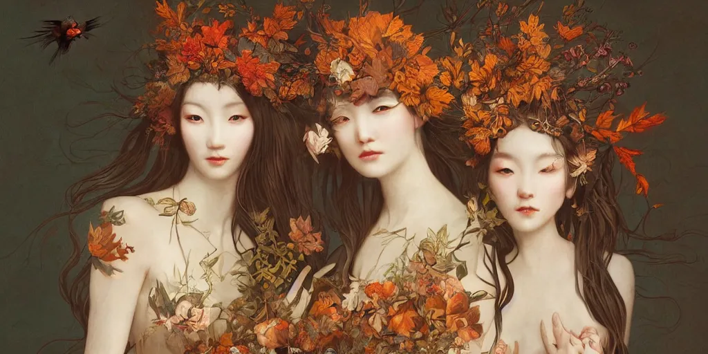 Prompt: breathtaking detailed concept art painting blend of two goddess of autumn by hsiao - ron cheng with anxious piercing eyes, vintage illustration pattern with bizarre compositions blend of flowers and fruits and birds by beto val and john james audubon, exquisite detail, extremely moody lighting, 8 k