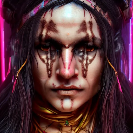 Prompt: Cyberpunk female Aghori Sadhu portrait, 8k , high octane render, unreal engine 5, hyperdetailed, realistic, golden ratio, intricate, cinematic lighting.