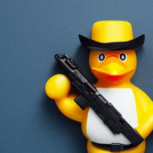 Prompt: a rubber duck holding a glock