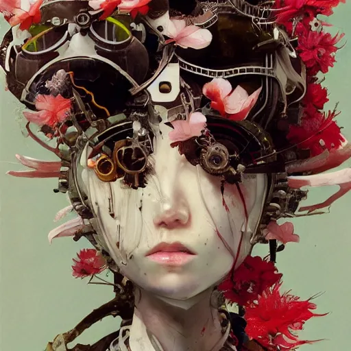 Image similar to surreal gouache painting, by yoshitaka amano, by ruan jia, by conrad roset, by good smile company, detailed anime 3 d render of a female mechanical android head with flowers growing out, portrait and white background, cgsociety, artstation, rococo mechanical costume and grand headpiece, dieselpunk atmosphere