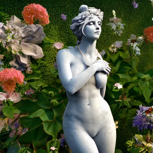 Prompt: an idealistic marble statue with flowery hair in a fractal garden, unreal engine, 8k render, beautiful, full frame,