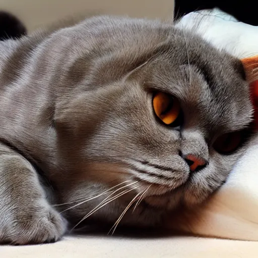 Image similar to a scottish fold cat laying back relaxing, dreaming of infinity, elegant color palette