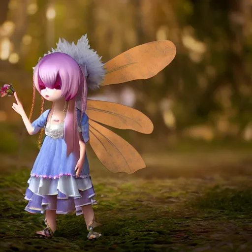 Image similar to cute fumo plush of a girl of the fae, fairy folk, ritual dress, natural bokeh vray render