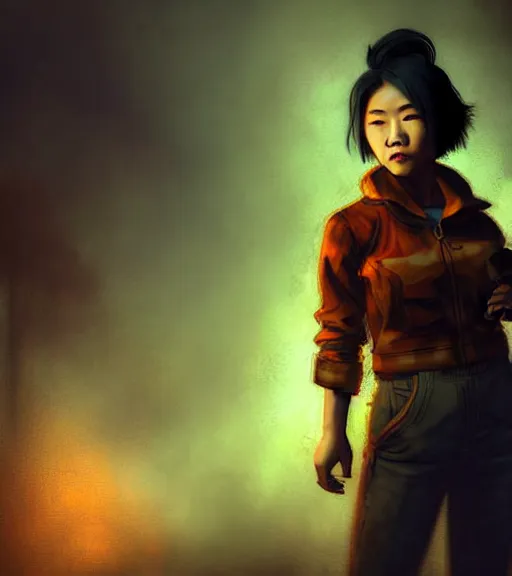 Image similar to fallout 5, charismatic beautiful rugged asian female protagonist, portrait, outdoors in a dilapidated tokyo back alley, atmospheric lighting, painted, intricate, volumetric lighting, daytime, autumn, fog, sharp focus, ultra detailed, art by william turner