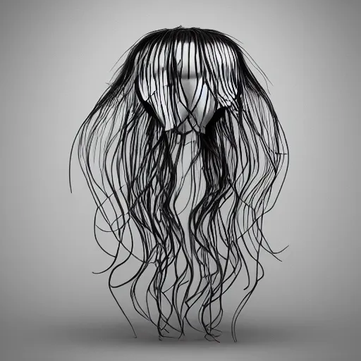 Image similar to cute fumo plush of a vantablack jellyfish girl with hundreds of tendrils, vray, black and white