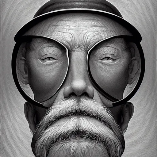 Prompt: an HD beautiful composition of deeply moving genius, flawless and incredible facial portraiture, depicting Father Time who has two faces and is regarding himself as if in the mirror; wondrous futuristic digital paint, by M. C. Escher S 572670079