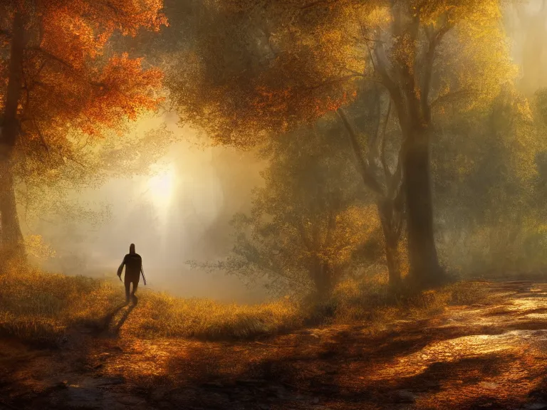 Prompt: a matte painting of an adventurer walking along the river bank in a forest during the golden hour in autumn, surrounded by dust and volumetric light shining through the tree tops, digital painting, detail