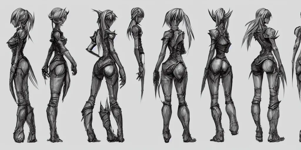 Image similar to female concept art, front, side, and back view, arms outstretched, modeling reference sheet, lineart, orthographic view, ink, black and white, varying thickness, manga pen, in the style of Final Fantasy IX, 3D modeling concept sheet, white background
