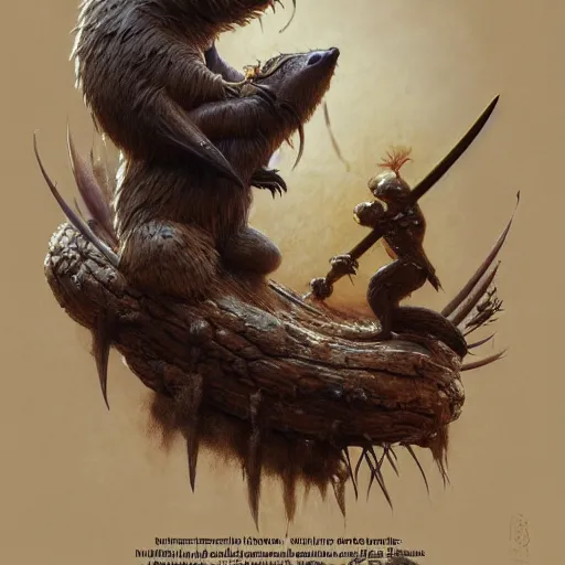 Image similar to a beautiful detailed 3d matte movie poster of a ninja beaver, by ellen jewett, by tomasz alen kopera, by Justin Gerard, ninja outfit, visible beaver tail, shiny katana sword, dollar bills, ominous, magical realism, texture, intricate, skeleton, whirling smoke, radiant colors, fantasy, volumetric lighting, high details