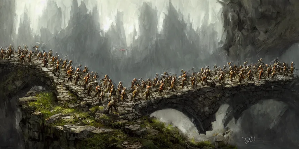 Prompt: exquisite paul bonner oil painting of an army of dwarfs crossing a decrepit ancient stone bridge over a chasm towards an dark foreboding castle, fantasy, atmospheric, artstation, d & d