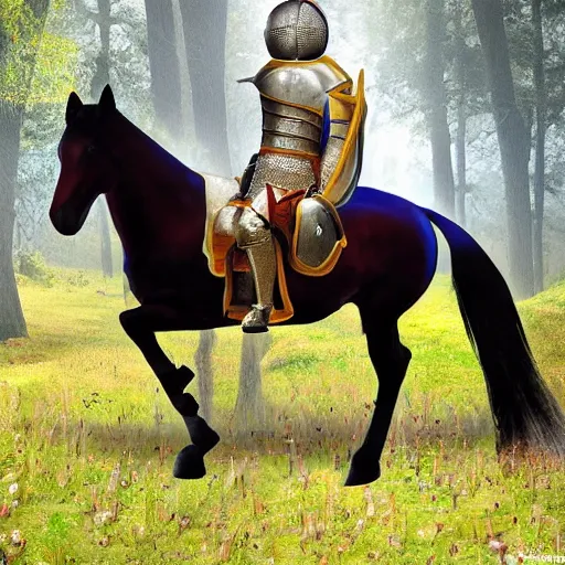 Prompt: Knight in horse in forest