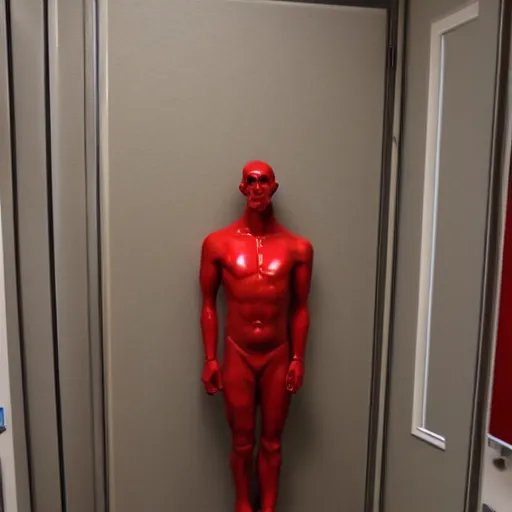 Image similar to realistic, detailed, amongus red imposter in the backrooms