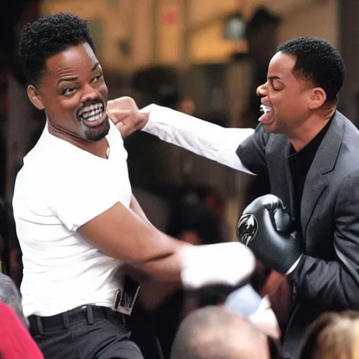 Prompt: Chris Rock punching Will Smith in the face