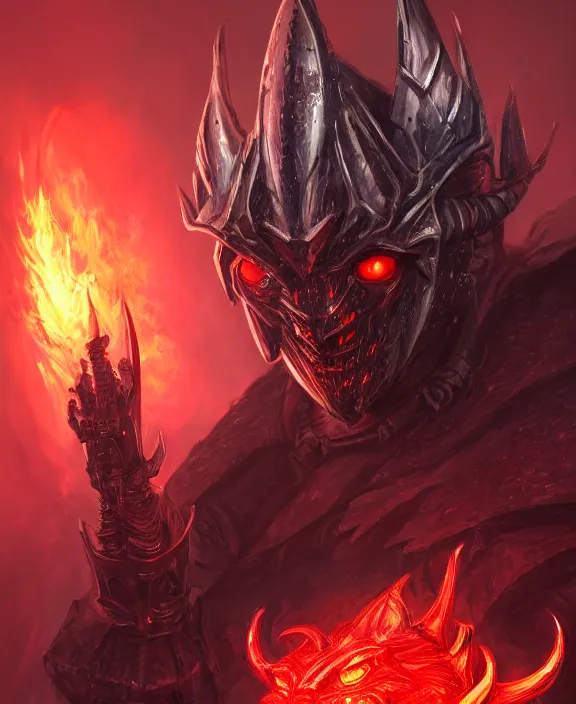 Image similar to a detailed portrait of a menacing armoured dark lord with glowing red eyes and a crown of fire by Tyler Edlin and Moebius, 4k resolution, photorealistic