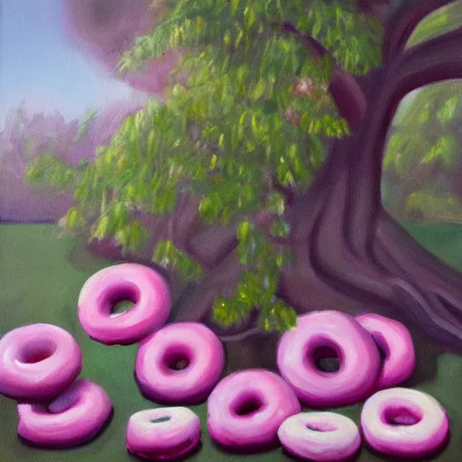 Prompt: A beautiful oil painting of pink donuts growing from a tree branch, lighting, photorealistic