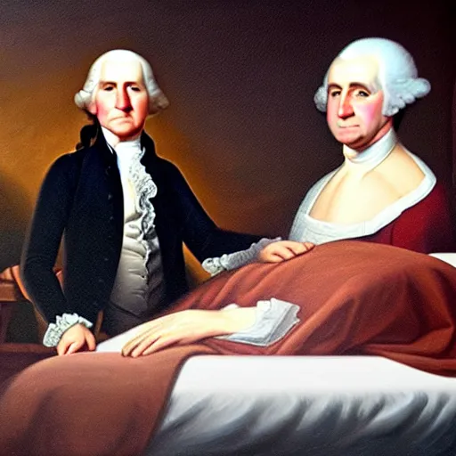 Image similar to oil painting Life of George Washington Deathbed but everyone is looking at glowing iPhones