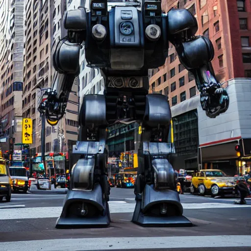 Prompt: giant robot walking on New YORK street, trying not to step on passersby, rendered, high detailed, sharp focus,